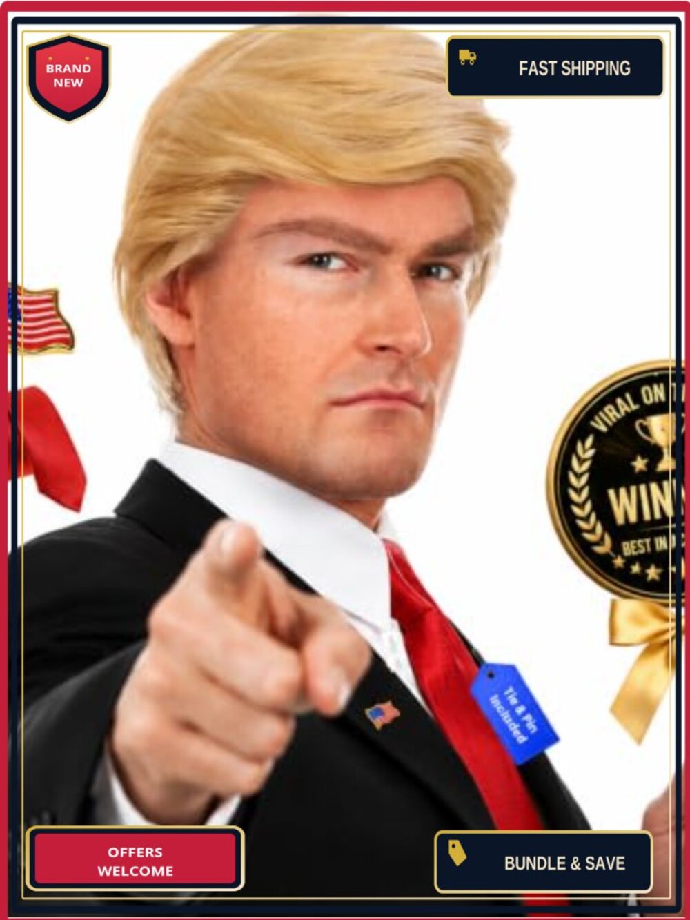 3pc Men's Donald Costume Kit with Blonde Wig, Red Tie, Flag Pin for Halloween